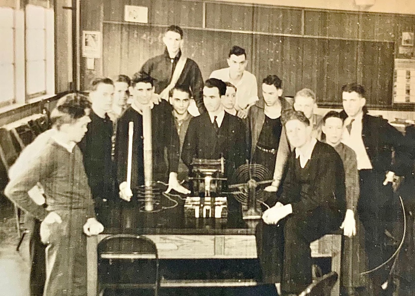 Maroa Community High School radio club members gathered around radio equipment in 1935