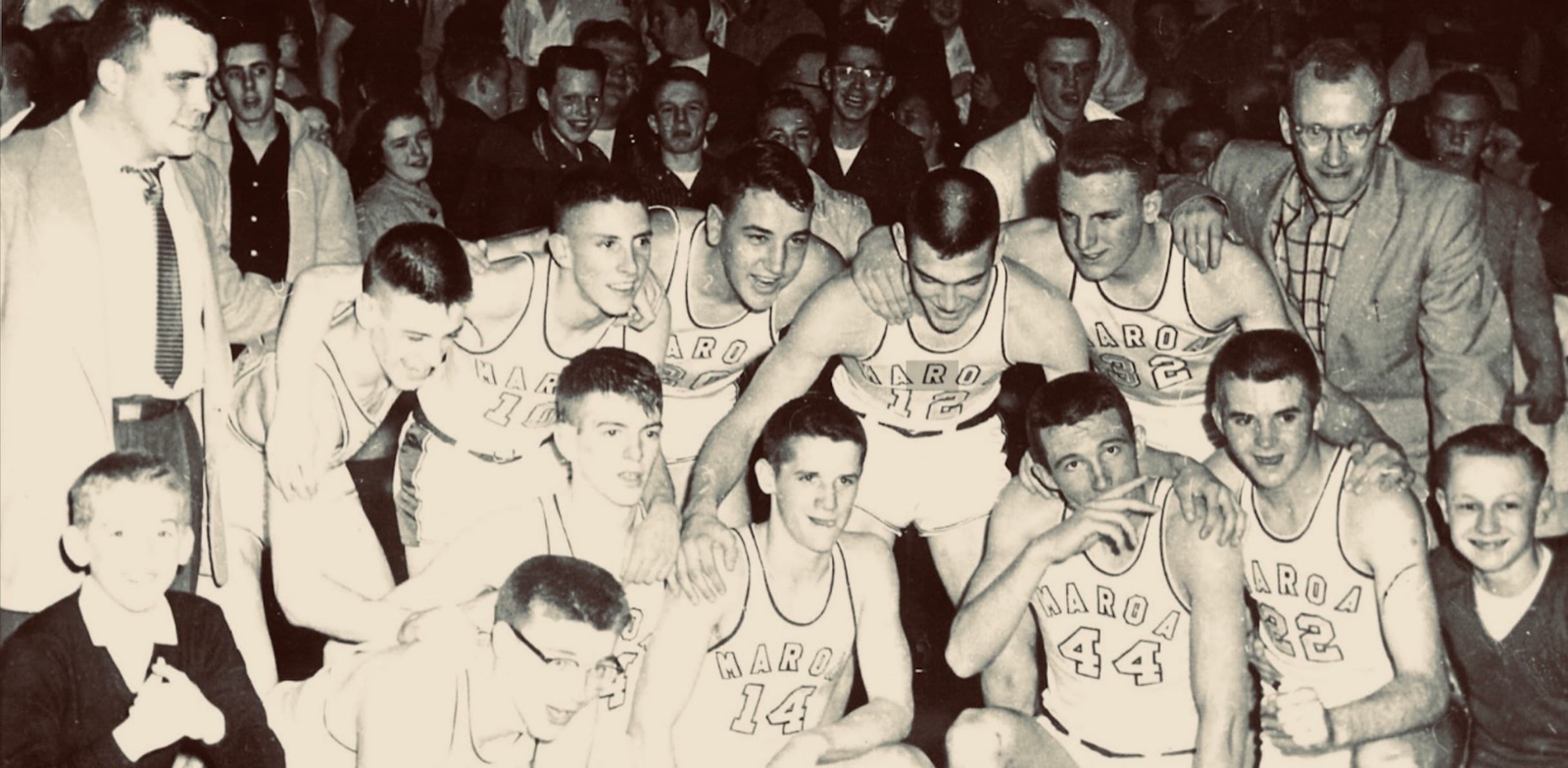 Maroa basketball players and supporters celebrating in 1957