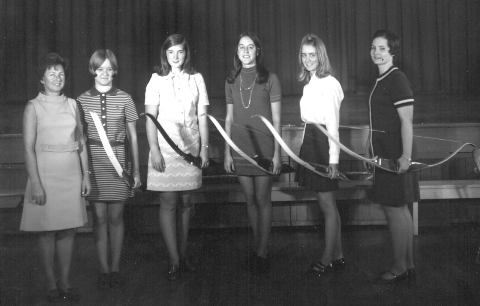 Maroa-Forsyth girls state archery champions with their bows in 1971